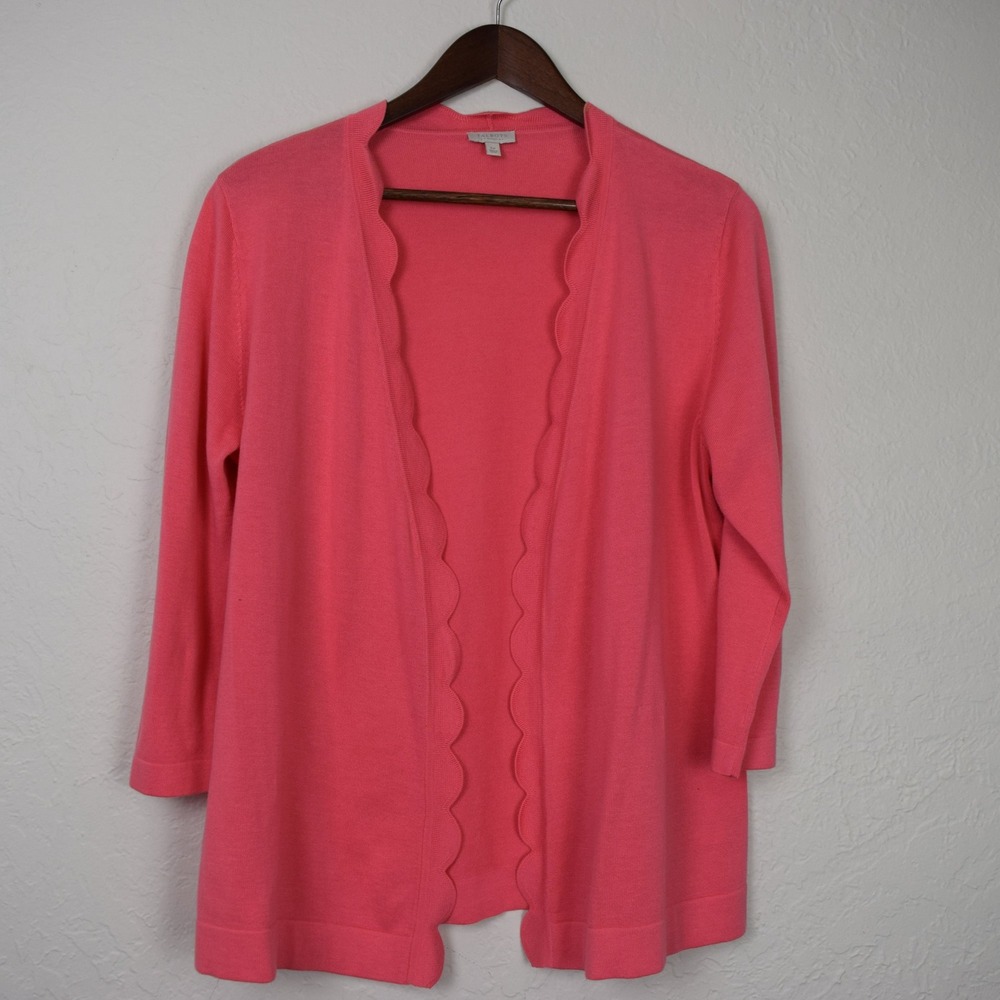 Talbots Petite L Cardigan Pink Scallop 3/4 Sleeve Cotton Lightweight Sweater‎